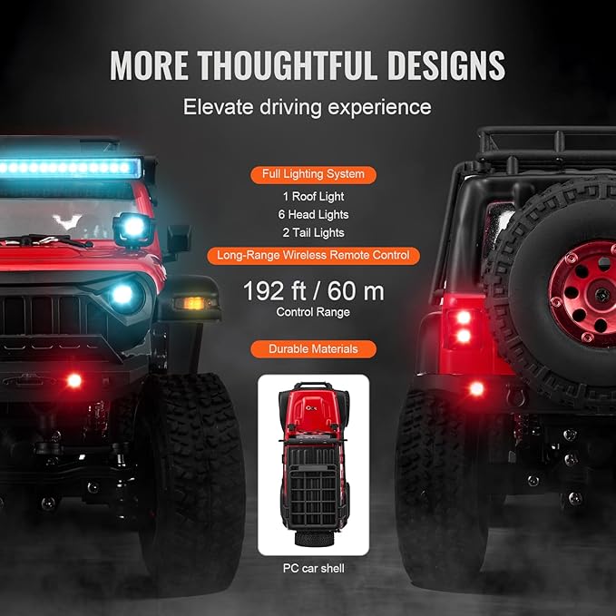 VEVOR RC Crawler 1/24 Scale RC Car Rock Crawler All Terrain 4WD Off-Road Truck with led Light 2 Rechargeable Batteries, 2-Speed Adjustable Hobby Racing Car Gift for Adults