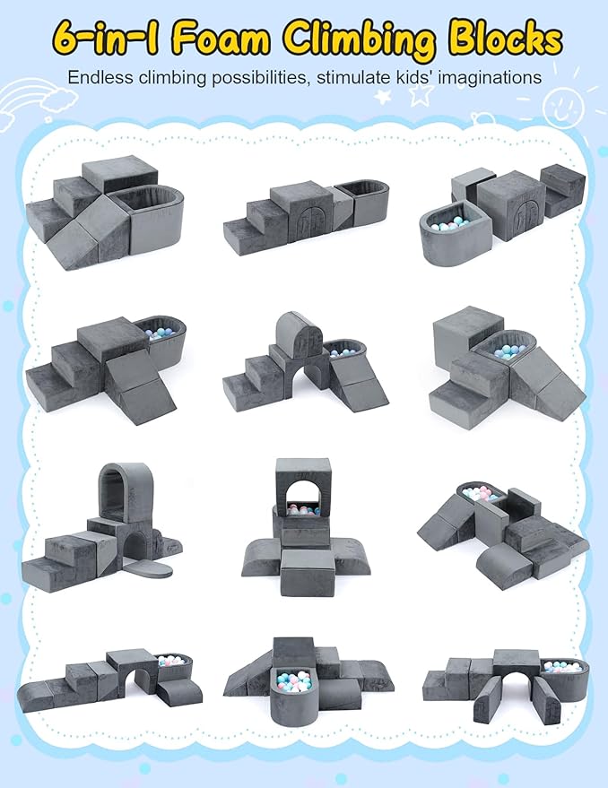 Kidirect Foam Climbing Blocks, 6 Pieces Climbing Toys for Toddlers 1-3 Inside with Baby Ball Pit &Crawling Tunnel, Soft Play Foam Blocks for Toddlers 1-3 Baby Climbing Gym for Kids' Indoor Climbers