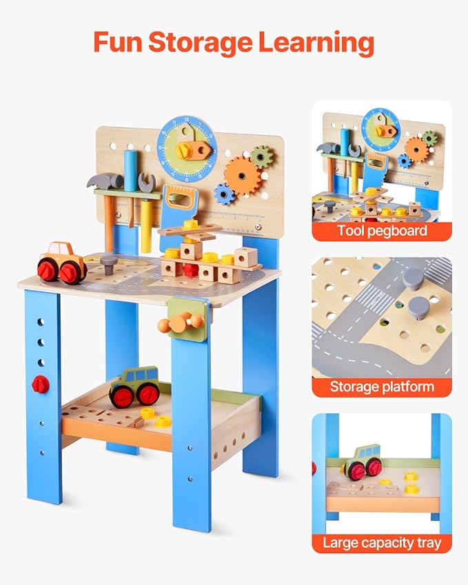 VEVOR Kids Workbench, 62 pcs Wooden Tool Bench for Kids 3 Years and Up, Toddler Toy Workbench with Realistic Tools, Building Set Creative & Educational Construction Toy for Boys & Girls