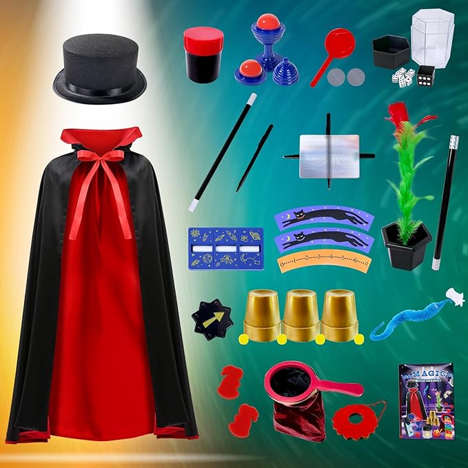 Kids Magic Kit, Magician Costume for Pretend Play, Magic Set with Instructions for Each Trick for Kids Ages 6 7 8 9 10 11 12