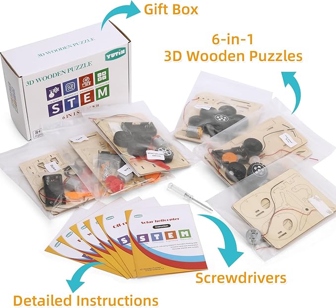STEM Kits for Kids Age 8-10 10-12, 6 Set Wood Building Projects Crafts Science Model Car Kits for Kids Age 8-12 5-7, Wooden 3D Puzzles, STEM Toys for Boys 7 8 9 10 12 13 Year Old Birthday Gifts