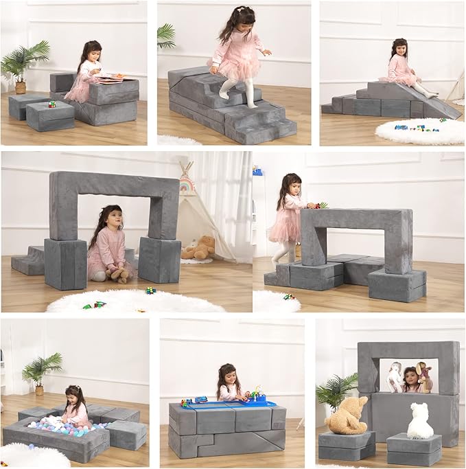 Kids Play Couch Foam Climbing Blocks for Toddlers Sofa Convertible Climbing Toy for Creative Child Girls and Boys Climber Playroom Furniture (Grey)
