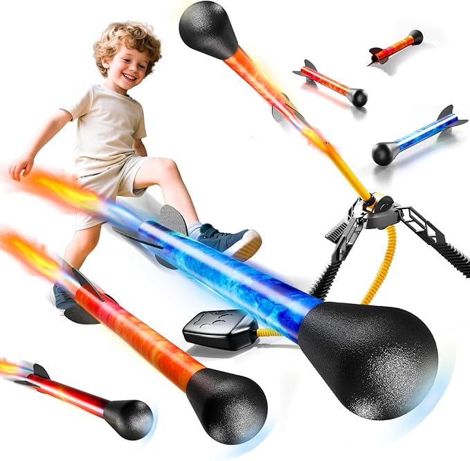 Rockets for Kids Age 4-8 with 4 LED Rockets and Launcher - Outdoor Toys for 4 5 6 7 8-12 Year Old Boy Birthday Gift, Air Powered Flying Toy Shooting Up to 100 Feet, Toys for Kids Ages 8-12