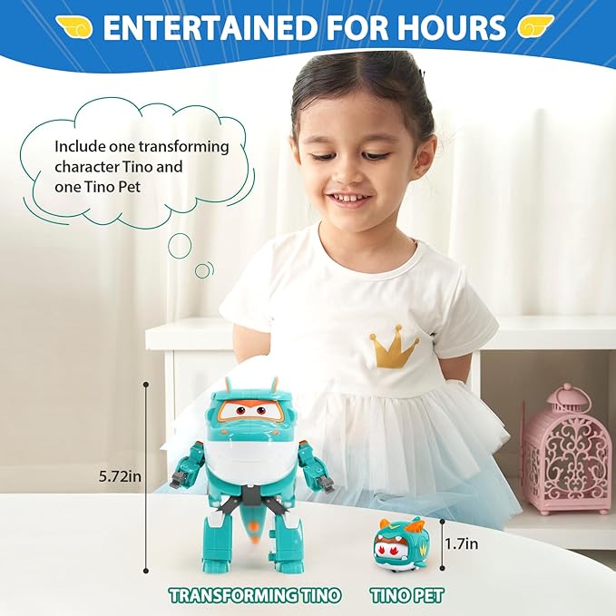 Super Wings 5" Transformable Toys Tino & Mini Tino Pet, 3 in 1 Transforming Dinosaur Airplane Robot, Educational Action Figure for Boys Girls Age 3+, Dinosaur Toy for Preschool Play