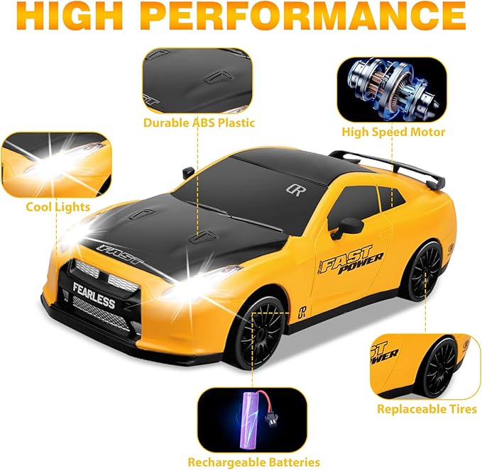 Remote Control Car 1/24 2.4GHz 4WD RC Drift Car, Rechargeable High Speed RC Cars with Cool Lights, Batteries and Extra Tires Toys for Kids (Yellow)