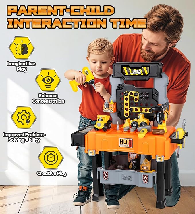 Lehoo Castle Toddler Tool Bench with Electric Drill & Take Apart Construction Vehicles, 2-in-1 Workbench & Toolbox for Kids, Toy Tool Set for Toddlers Age 3, Birthday Festival Gift for Boys & Girls