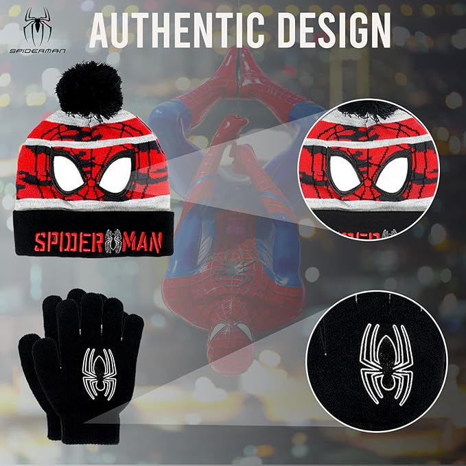 Marvel Spider-Man Kid’s Winter Hat and Snow Gloves for Boys and Toddlers, 2 Pc. Set, Pom-Pom Beanie with Warm Mittens