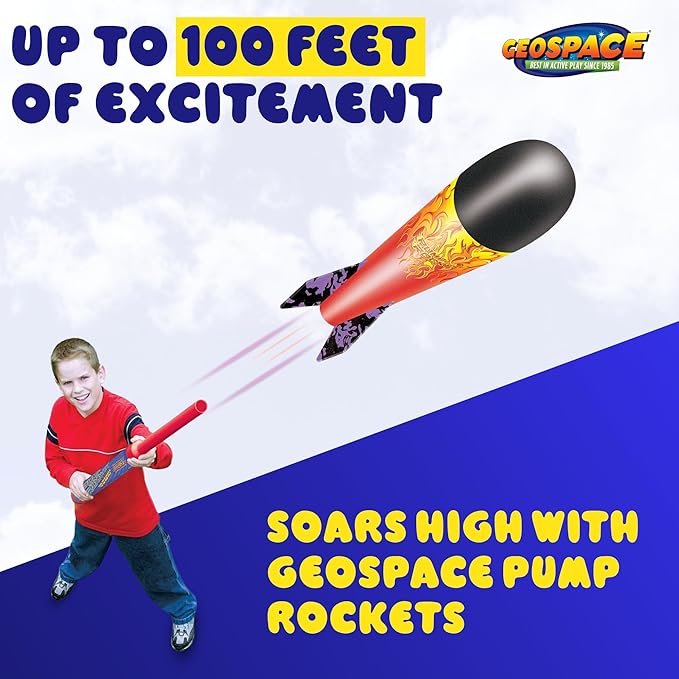 Geospace Hand Held Pump Rocket SR. Size (Single Pump) – Flying Foam Rockets Outdoor Toys for Kids, Boys & Girls – 36" Rocket Set – Hand Stomper Rockets Toy - Cool Toys for Fun