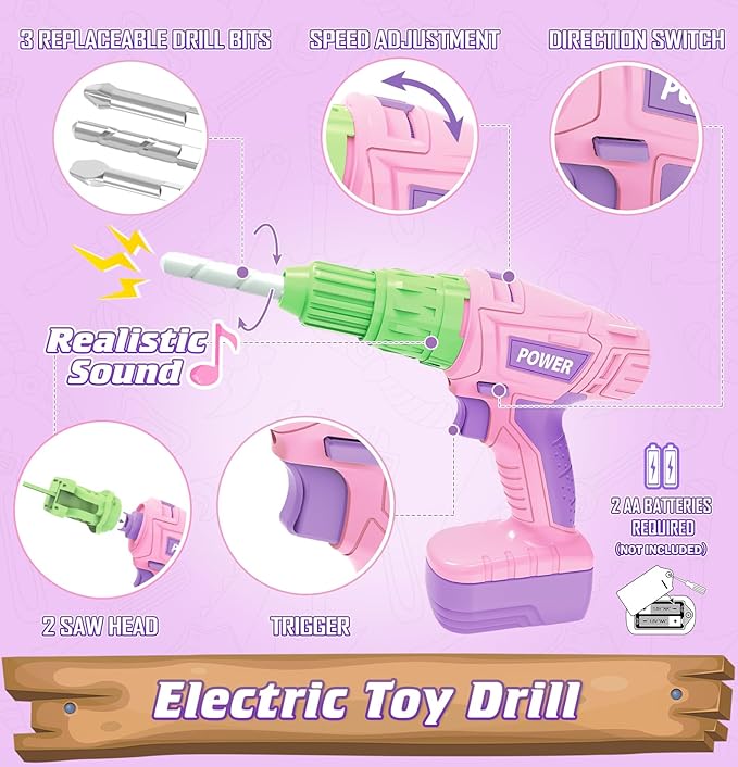 WishaLife Kids Tool Set for Girls - Toddler Tool Set with Toy Chainsaw, Drill, Pretend Play Construction Tools Toy Gift for Kids Age 3 4 5 6 7