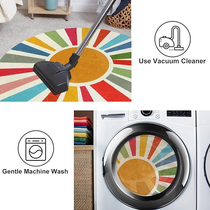 STARUIA Boho Washable Rug 5 Ft Round Area Rug for Bedroom, Rainbow Circle Kids Rugs for Office, Non-Slip Circluar Carpet Soft Sunshine Rugs for Dorm Nursery Sofa Living Room Corner