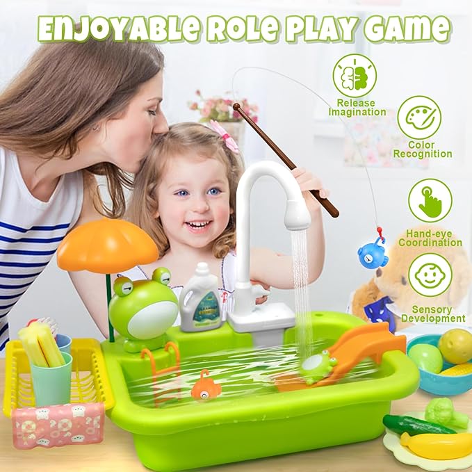 Play Sink with Running Water,Kids Sink Toy with Automatic Water Cycle System,Sink Fishing Game Toy with Food Kitchen Accessories,Kids Role Play Dress Up Dishwasher Toys for Boys and Girls Present