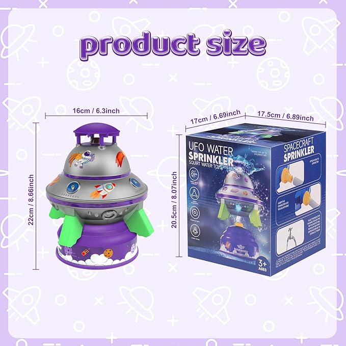 UFO Water Rocket Sprinkler for Kids Yard, LED Light-Up Summer Fun STEM Learning and Backyard Water Play Toy, Birthday Gift for Boys and Girls 3 6 9 12+ Year Old