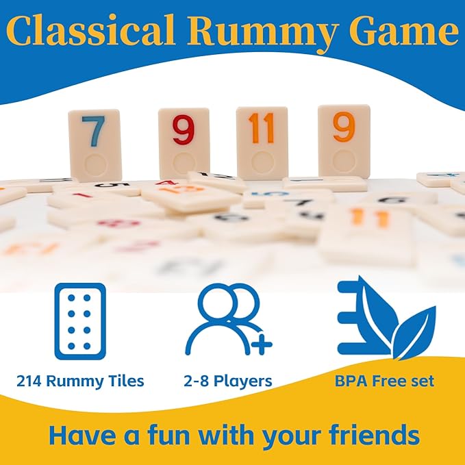 Upgraded Rummy Cube Game Set 6-8 Players with 8 Wooden Racks & 214 Rummy Tiles | Travel & Family Board Game for Adults and Kids