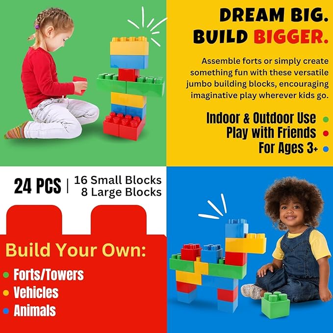 Liberty Imports 24 PCS Giant Building Blocks Starter Set for Toddlers, Plastic Large Building Blocks for Kids Creative Play, Big Stacking Bricks for Children, Kids (Primary Colors)