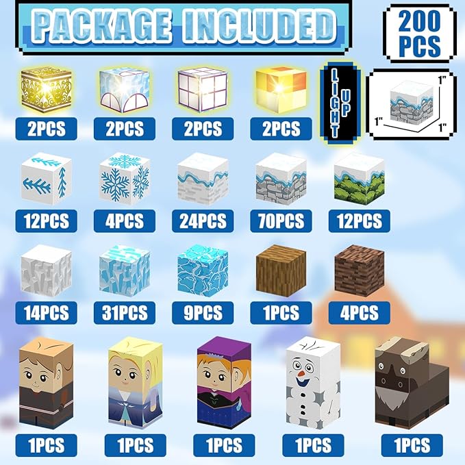200PCS Magnetic Blocks Frozen Toys, 1" Light Up Building Blocks Magnet Cubes Tiles for Toddlers Boys Girls 3+, Build Princess Castle Snow World, STEM Sensory Construction Toys