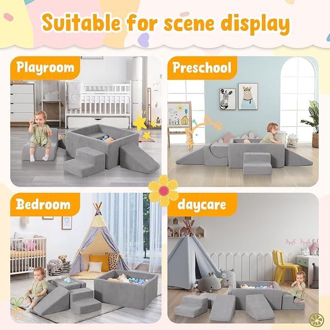 Baby Climbing Blocks with Ball Pit,6PCS Foam Climbing Toys for toddlers 1-3 Inside,Soft Crawl & Climb Activity Play Set Indoor,Modular Structure Washable Play Equipment,Gray(Balls Not Included)