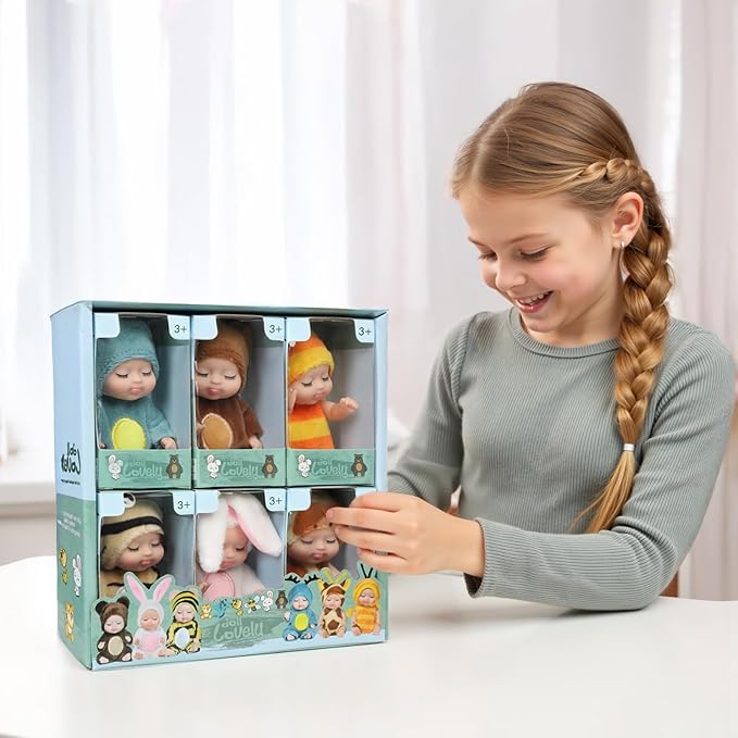 4 Inch Mini Baby Dolls 6pcs Set Realistic Reborn Baby Dolls Cute Small Baby Doll with Animal Clothes Suitable for Baby Gifts for Boys and Girls Over 3 Years Old Birthday Gift