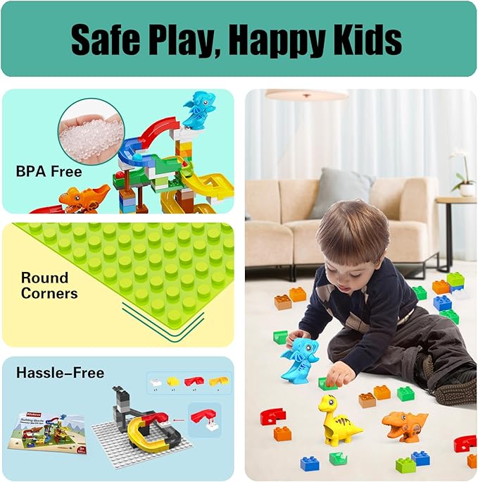 Building Blocks for Kids Toddlers 3 4 5 6 7 8+ Year Old, 128-piece Large Classic Building Bricks, Dinosaur Marble Run with 2 Baseplate for Boys Girls All Ages, Compatible with All Major Brands