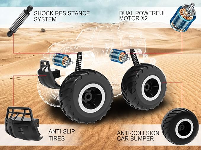 1/16 Remote Control Monster Truck : 4x4 Off Road Waterproof Rc Jeep Combines Amphibious and All Terrain Traversal, Birthday Gift for Boys & Girl Ages 6-12 (Red Pickup)
