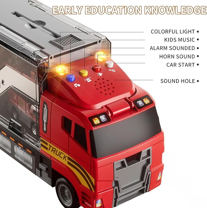 TEMI Fire Truck Toy Set with Play Mat, Carrier Truck for Kids Toddlers, Die-Cast Metal Toy Car Set, Christmas Birthday Gift for Age 3 4 5 6 + Years Old Boys Girls