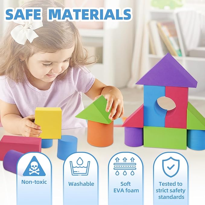 Large Building Foam Blocks for Toddlers, 30 Pieces EVA Stacking Foam Building Blocks Toy Set, Non-Toxic, Washable, Early Learning Construction Toys & Gifts for Kids Boys & Girls