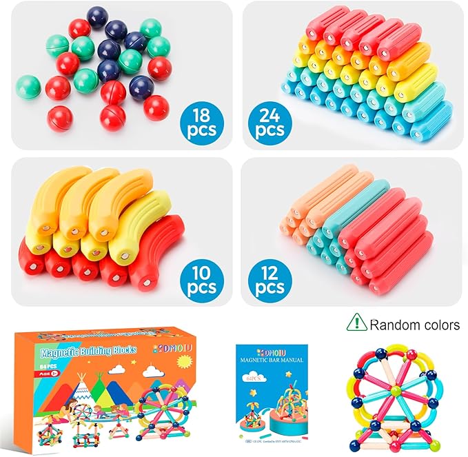 DMOlU 64PCS Magnetic Building Toy for Kids Stem Educational Toys for Toddlers Montessori Learning Magnetic Sticks and Balls,Gift for Christmas Birthday
