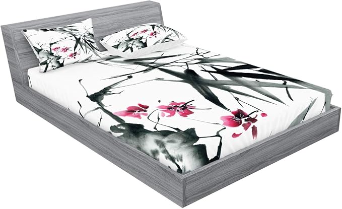 Ambesonne Japanese Fitted Sheet & Pillow Sham Set, Nature Concept Traditional Cherry Blossom Japanese Inspired Folk Print, Decorative Printed 2 Piece Bedding Decor Set, King, Dark Green and Fuchsia