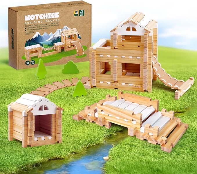 Jovi-mindly&Notchies 96 PCS Wooden Blocks Wooden Toys with Storage Bag, Preschool Learning Toys Wood Blocks Building for Kids Ages 4-8 Creative Construction Game,FSC Certified,Graduate Gifts