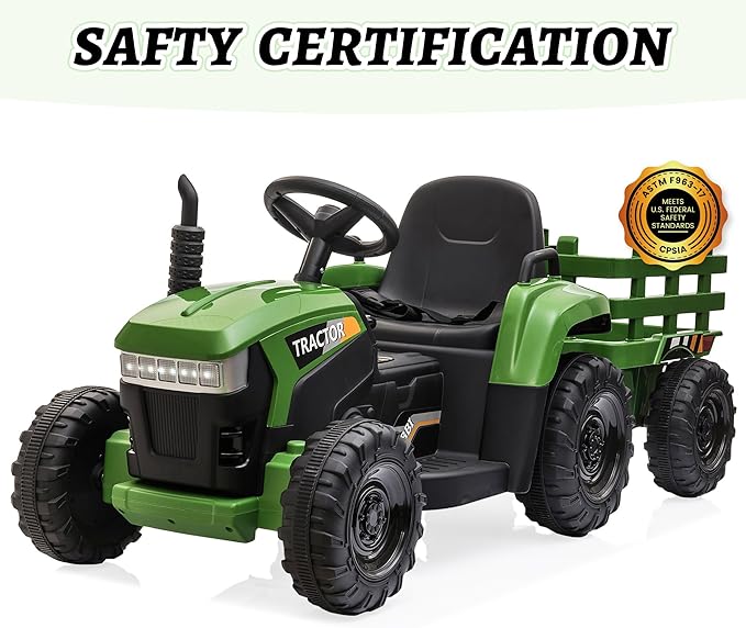 TOBBI Kids Electric Ride On Toy Tractor, 12v Battery-Powered 4 Wheels Ride On Car with Trailer, 35W Dual Motors/3-Gear-Shift/LED Lights/USB Audio Functions for Toddlers 3-6 Years-Dark Green