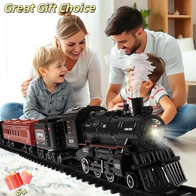 Train Set Train Toys for Kids w/Smokes, Lights & Sound Electric Trains w/Steam Locomotive Train Carriages & Luxury Tracks Model Trains for 3 4 5 6 7 8+