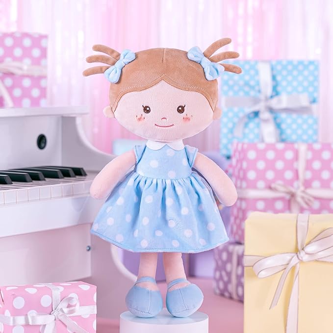 Onetoo Soft Baby Doll First Baby Doll Sleeping Cuddle Buddy Doll Plush Rag Doll Wear Blue Polka Dot Dress14