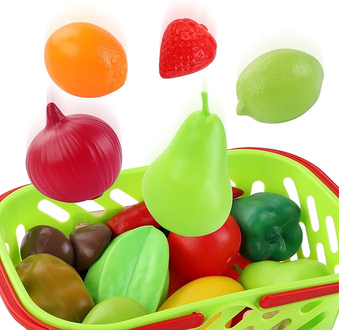 38 PCS Fruits and Vegetables Shopping Basket Play Food Plastic Toys Set, Healthy Farmer's Market Grocery Educational Pretend Play Set for Kids