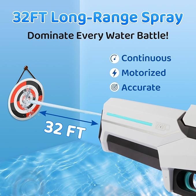 Electric Water Gun with Auto-Suction, 32FT Long-Range Spray & Expandable Bottle Capacity
