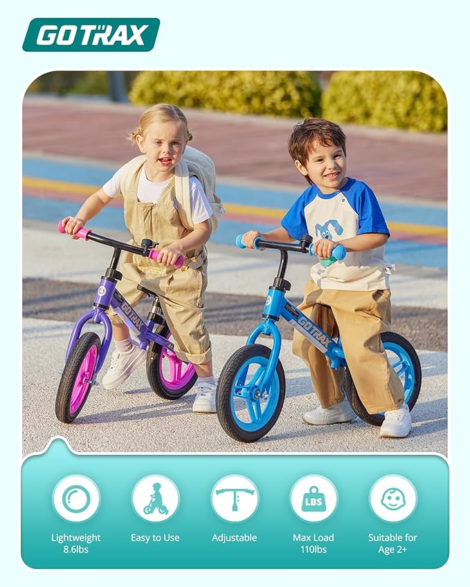 Gotrax KS12 Balance Bike for 2-5, 12" Toddlers Push Bike with LED Light, Adjustable Soft Seat & Handlebar, Flat-Free Tires & Easy Assembly Kids Bicycle, Lightweight & No Pedal, Gift for Boys Girls