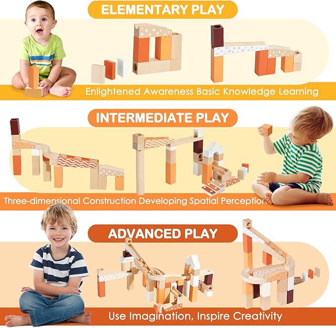 Wooden Marble Runway Blocks for Ages 3+, 60 Wooden Blocks Toys and Construction Playset, Natural Marble Track Maze Game STEM Learning Toys Boys Girls Gift (Set of 60)