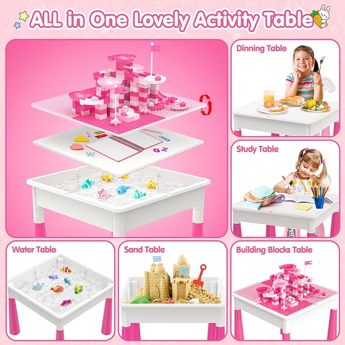 Kids Toddler Table and Chair Set: Water Activity Table With 152Pcs Large Marble Run Building Blocks, 2 Rabbit Chairs, Storage All in One Play Sensory Sand Table - 3-10 Year Old Girl Toys Gifts