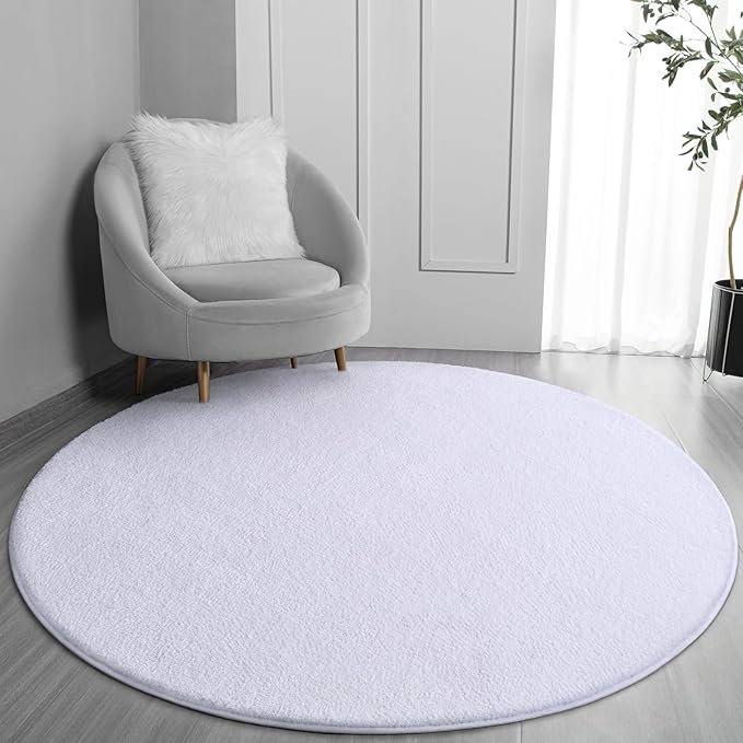 FlyDOIT Round Area Rugs for Bedroom Living Room, 4x4 White Super Soft Comfy Thickened Memory-Foam Indoor Circle Carpets, Modern Aesthetic Minimalist Carpet for Boys Girls Adults Nursery Home Décor