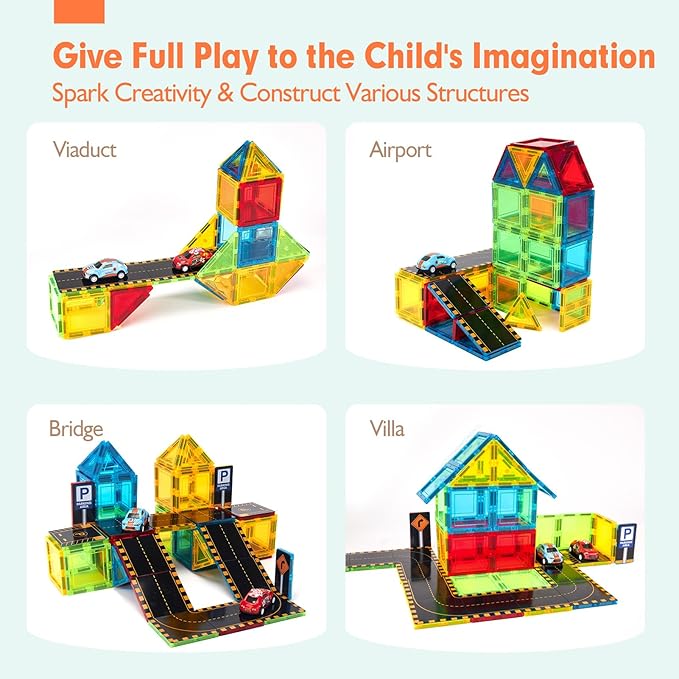 hahaland Magnetic Tiles Road Set - Magnetic Construction Toys with Cars for Ages 3-5 Toddlers Kids Preschool Montessori Toys for 3 4 5 6 7 Year Old Boys Girls Easter Birthday Gifts