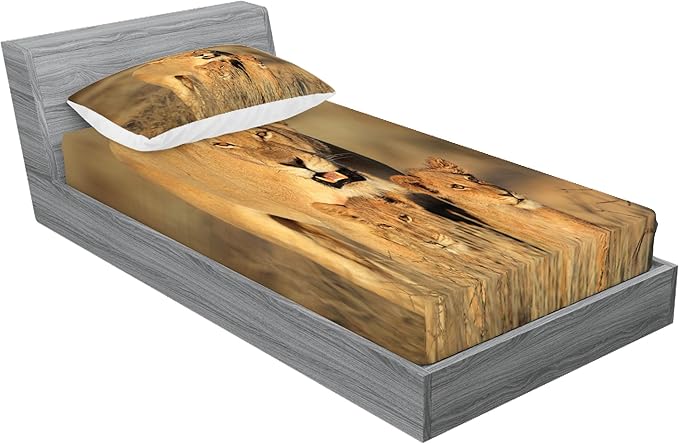 Ambesonne Safari Fitted Sheet & Pillow Sham Set, Mom Lioness and Young Lion Kings in South Nature Big Cats at Wilderness Safari, Decorative Printed 2 Piece Bedding Decor Set, Twin, Ivory Cream