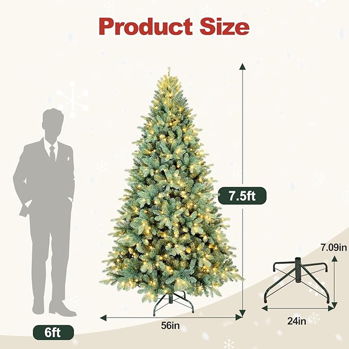 7 Ft Pre-Lit Artificial Christmas Tree, w/ 500 LED Warm Lights, 1838 PE&PVC Mixed Branch Tips, Faux Xmas Tree for Home, Office, Party Decoration, Easy Assembly, Metal Hinges & Foldable Base