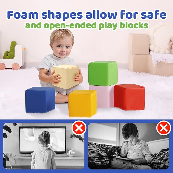 Foam Building Toys for Toddlers: 6Pcs Waterproof PU Leather Soft Foam Blocks - Colorful Large Stacking Blocks - Early Learning Construction Play Set for Kids Indoor Birthday Gift Preschool (Rainbow)