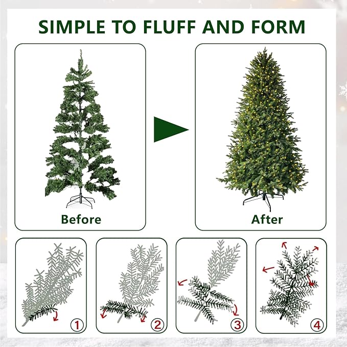 7.5ft Prelit Christmas Tree with 798 Warm White & Multi-Color LED Lights 1900 Branch Tips 3-Minute Quick Power Connect Pencil Xmas Tree for Holiday Decor Home and Party