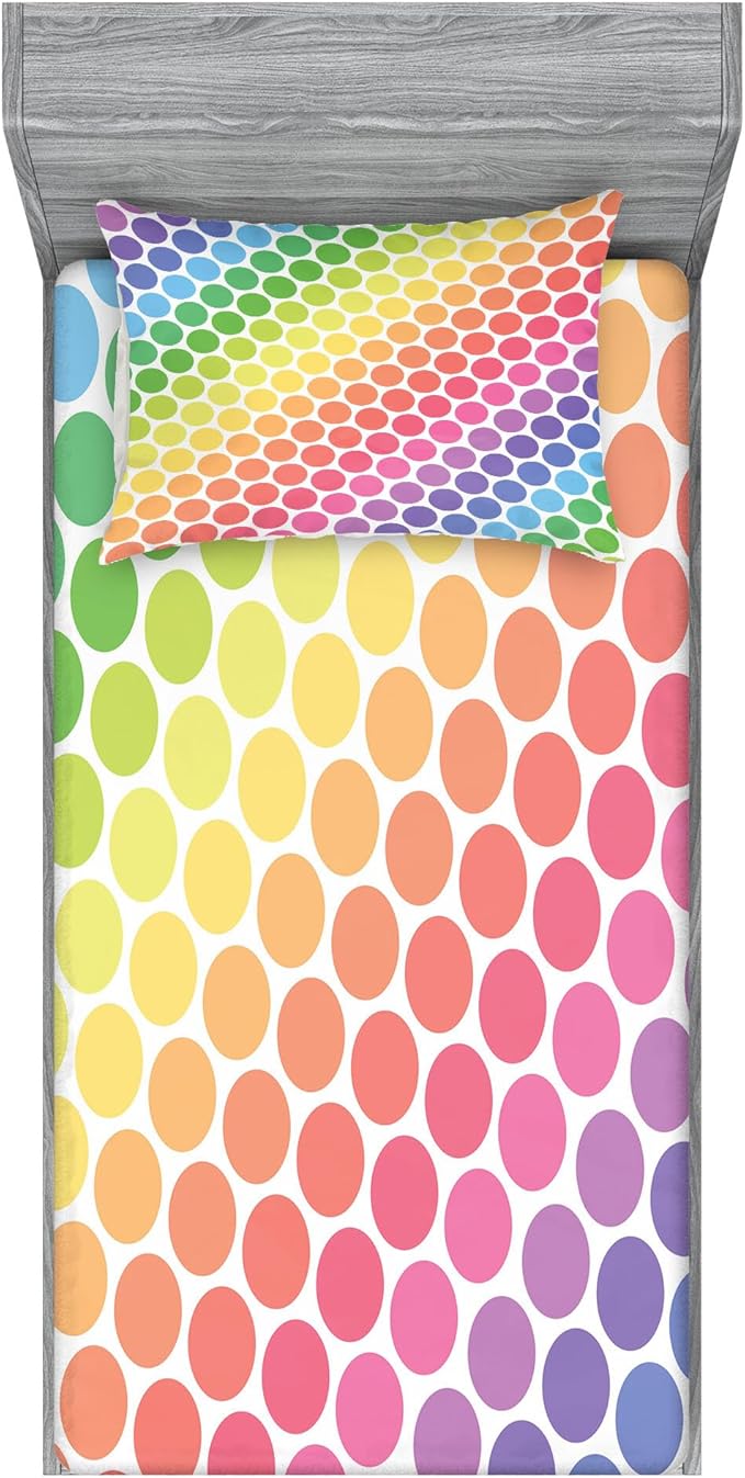 Ambesonne Polka Dots Fitted Sheet & Pillow Sham Set, Polka Dots in Soft Rainbow Colors Big Points Eternal Shapes Retro Pattern, Decorative Printed 2 Piece Bedding Decor Set, Twinxl, Pink Yellow