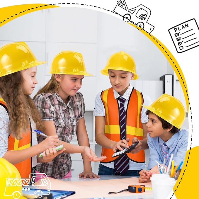 72 Pcs Construction Worker Costume Kit Including 36 Hats and 36 Vests - Role Play Accessories for Kids' Themed Birthday Party