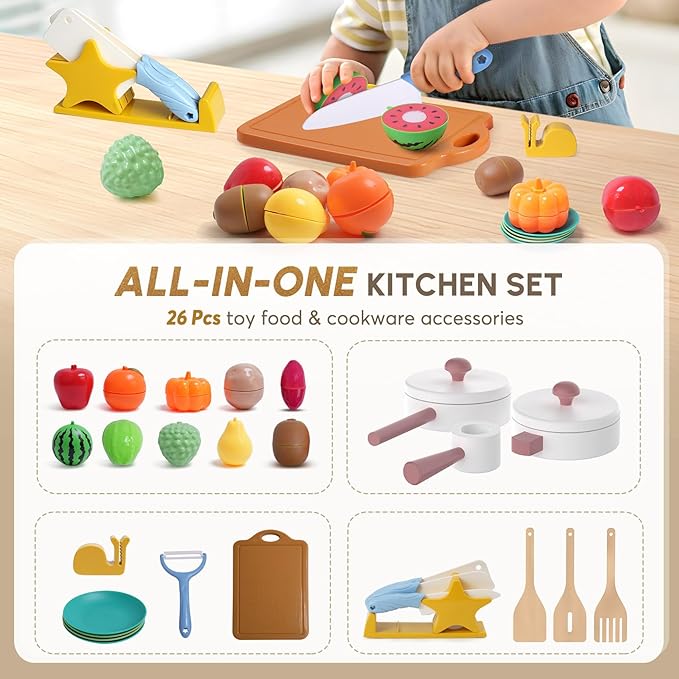 BIERUM Play Kitchen with Realistic Lights & Sounds, Wooden Kitchen Playset for Toddlers, Toy Kitchen with 26 Pcs Toy Food & Cookware Accessories, Gift for Boys & Gilrs Ages 3+