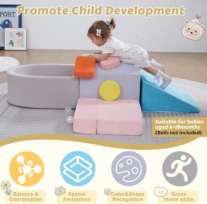 Foam Climbing Blocks for Toddlers,6 Pieces Soft House-Shaped Play Gym with Safety Edges,Montessori Toys for Indoor Active Play,Balance & Motor Skills Development,Colorful(Balls not included)