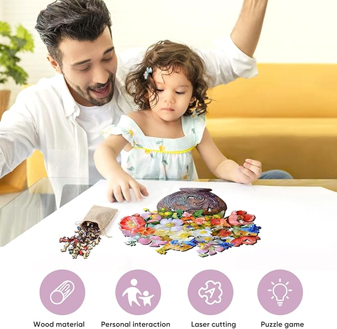 Flower Wooden Puzzles for Adults, 200 Pieces Vase Jigsaw Puzzles, Unique Shaped Medium Size Liberty Wood Puzzle Birthday Gifts for Mom Adults and Kids, Family Game 11'' x 11.3''