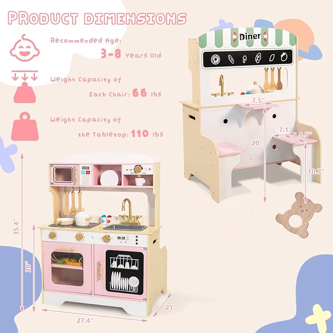 Garsing Toy Kitchen Playset with Real Sounds and Lights, Double Sided Kids Kitchen Playset with Restaurant, Wooden Play Kitchen with Cutting Food Set and Cooking Accessories for Kids Ages 3-8, Pink