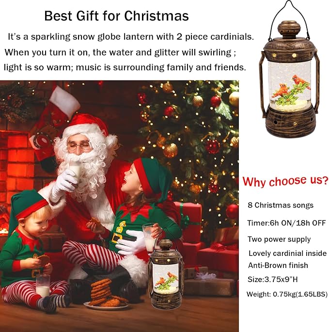 9 in Christmas Cardinal Snow Globe Lantern,Xmas Glittering Snowing Globe with Music,6 Hours Timer, USB Powered/Bateetry Operated Lighted Decoration Gift for Indoor Use