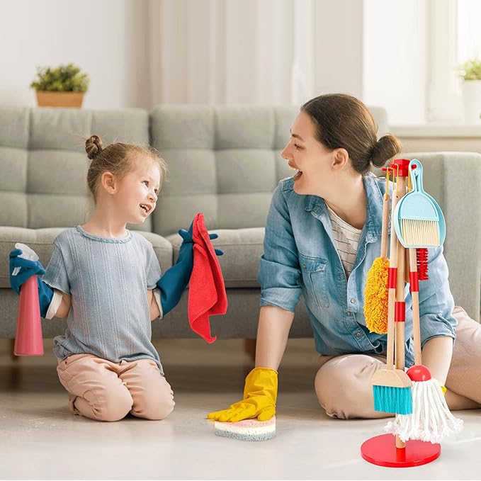 WHOHOLL Kid Cleaning Set, Wooden Toddler Broom Set for Housekeeping, 9 Pcs Kids Broom and Mop Set for Toddlers, Baby Cleaning Toys with Dustpan Sponge, Play Set for Boys and Girls